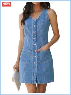 Sleeveless Denim Dress Button Down Round Neck Casual Summer Jean Dress